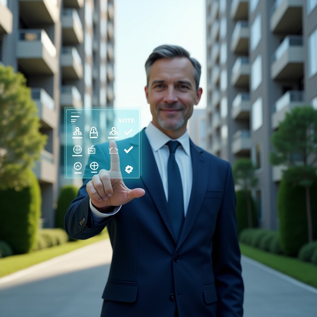 (Ultra-realistic condominium manager in a tailored navy suit, set in a modern luxury condominium environment with high-rise buildings and manicured green landscaping, mid-shot focusing on a confident professional gesturing toward a translucent holographic voting interface displaying checkmarks and assembly icons, cinematic lighting, shallow depth of field, highly detailed textures, realistic skin, photographic realism, 8k resolution --ar 1:1 --v 6)