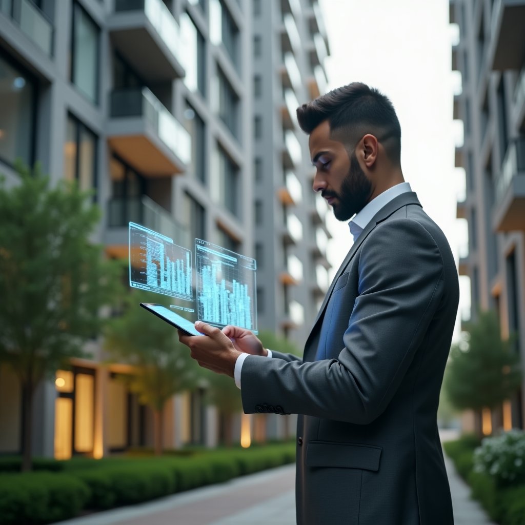Ultra-realistic condominium manager in a tailored grey suit, set in a modern luxury condominium environment with high-rise buildings and manicured green landscaping, mid-shot of a confident professional holding a tablet while presenting holographic financial charts and floating ledgers, cinematic lighting, shallow depth of field, highly detailed textures, realistic skin, photographic realism, 8k resolution --ar 1:1 --v 6