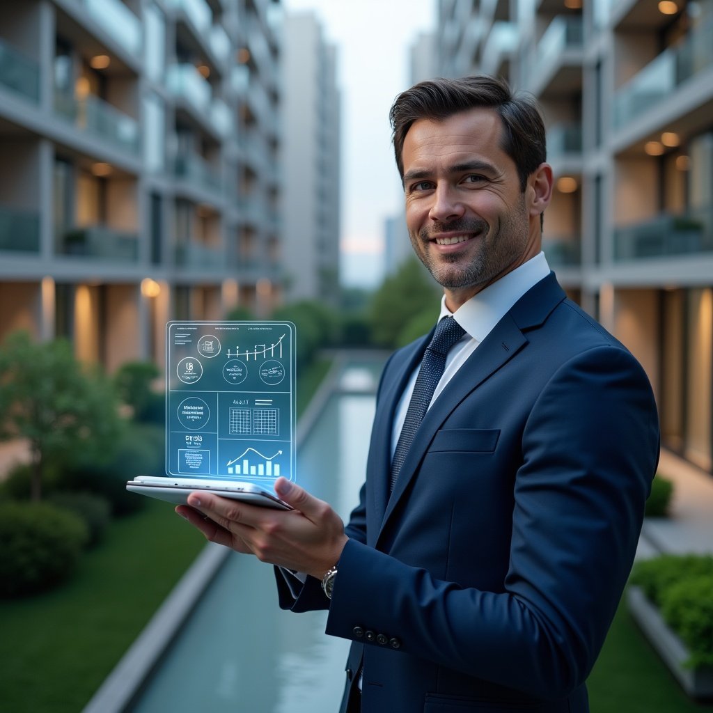 (Ultra-realistic condominium manager in a navy blue suit, set in a modern luxury condominium environment with high-rise buildings and manicured green landscaping, holding a transparent holographic tablet displaying digital financial reports and audit charts in six highlighted steps, cinematic lighting, shallow depth of field, highly detailed textures, realistic skin, photographic realism, 8k resolution --ar 1:1 --v 6)