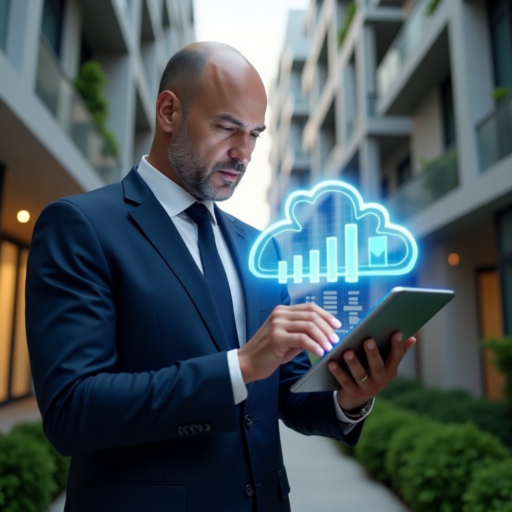 Ultra-realistic condominium manager in a navy blue executive suit, set in a modern luxury condominium environment with high-rise buildings and green landscaping, holding a digital tablet with floating holographic cloud and financial charts, analyzing data with a confident expression, cinematic lighting, shallow depth of field, highly detailed textures, realistic skin, photographic realism, 8k resolution --ar 1:1 --v 6