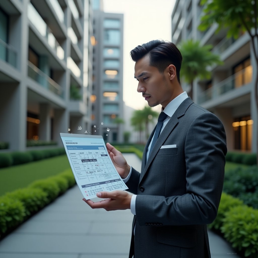 (Ultra-realistic condominium manager in a charcoal gray executive suit, set in a modern luxury condominium environment with high-rise buildings and manicured green landscaping, holding and interacting with a holographic calendar schedule displaying maintenance, meeting and daily task icons, confident and focused expression, cinematic lighting, shallow depth of field, highly detailed textures, realistic skin, photographic realism, 8k resolution --ar 1:1 --v 6)