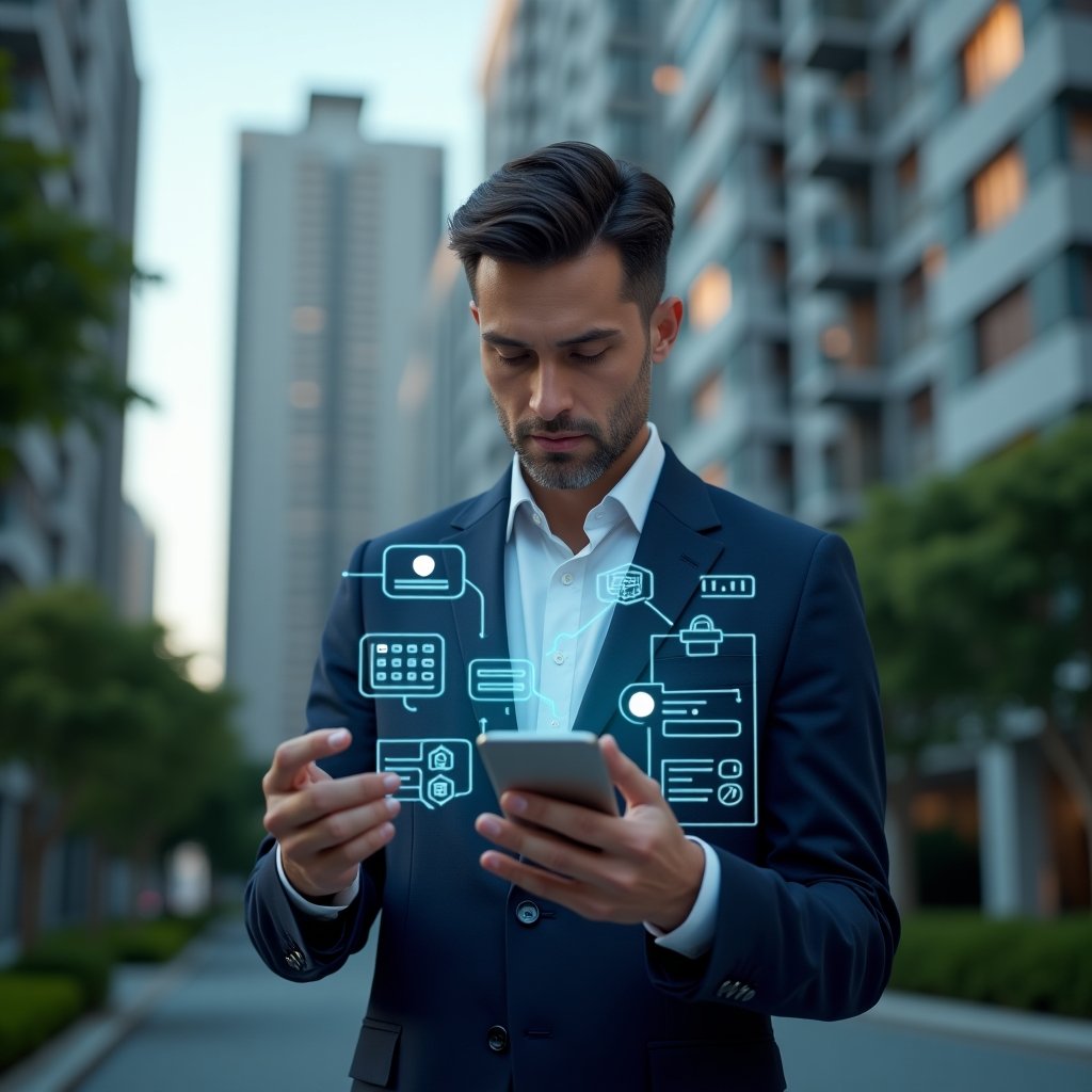 (Ultra-realistic condominium manager in a dark blue suit, set in a modern luxury condominium environment with high-rise buildings and lush green landscaping, medium close-up of a professional man holding a smartphone displaying a holographic condo management app interface with floating error icons and solution symbols, analyzing with a confident, focused expression, holographic icons of chat bubbles, security shield, calendar and settings gear around him, cinematic lighting, shallow depth of field, highly detailed textures, realistic skin, photographic realism, 8k resolution --ar 1:1 --v 6)