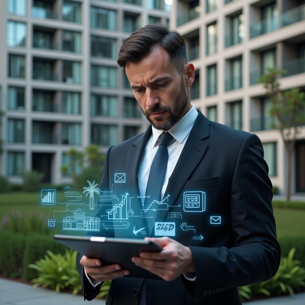 Ultra-realistic condominium manager in a tailored dark suit, set in a modern luxury condominium environment with high-rise buildings and manicured greenery, carefully analyzing a holographic financial report projected from a tablet, floating icons of charts, ledgers and audit stamps around, serious and confident expression, cinematic lighting, shallow depth of field, highly detailed textures, realistic skin, photographic realism, 8k resolution --ar 1:1 --v 6