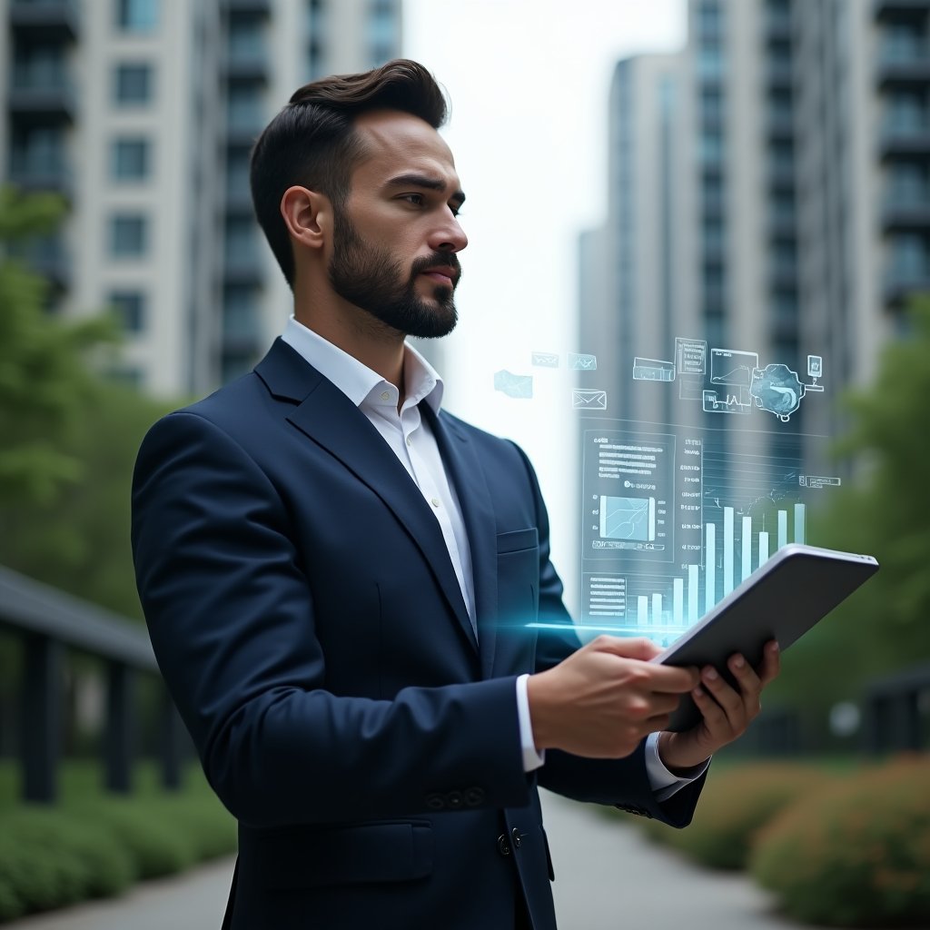 (Ultra-realistic condominium manager in a tailored navy suit, set in a modern luxury condominium environment with high-rise buildings and manicured greenery, reviewing transparent financial holographic charts projected from a tablet while holding a stack of documents, confident and thoughtful expression, floating audit icons and digital ledgers swirling around, cinematic lighting, shallow depth of field, highly detailed textures, realistic skin, photographic realism, 8k resolution --ar 1:1 --v 6)