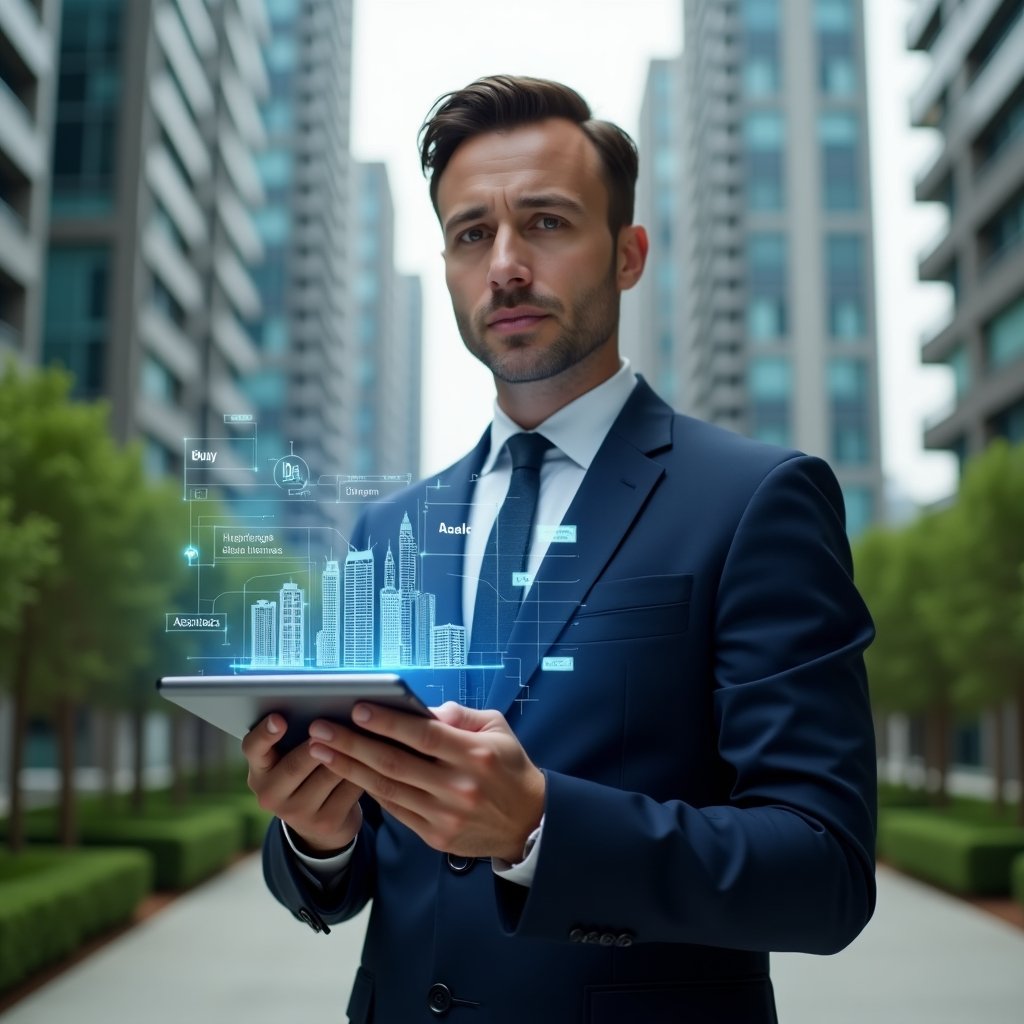 (Ultra-realistic condo manager in a tailored navy suit, set in a modern luxury condominium environment with high-rise buildings and manicured greenery, mid-shot holding a digital tablet projecting a holographic building management dashboard with IoT and analytics icons, confident and focused expression, cinematic lighting, shallow depth of field, highly detailed textures, realistic skin, photographic realism, 8k resolution --ar 1:1 --v 6)
