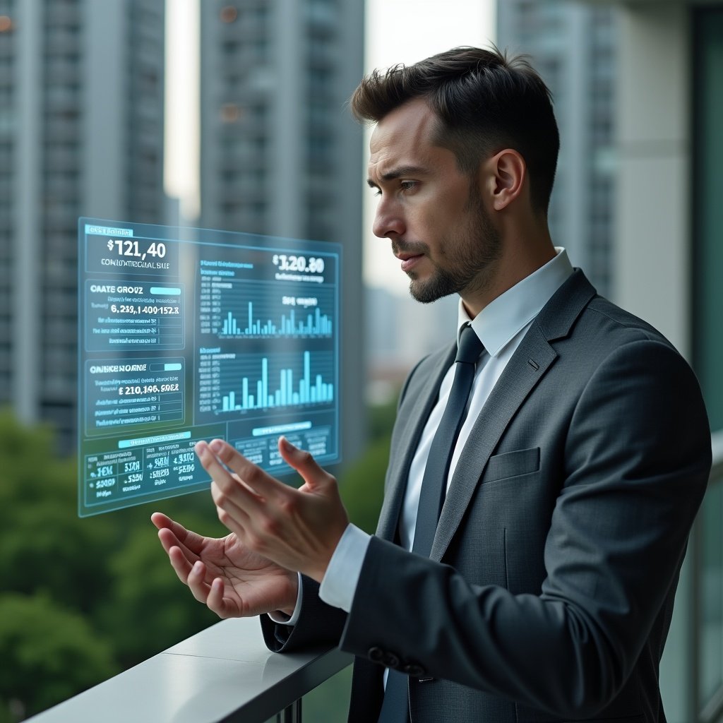 Ultra-realistic condominium manager in a charcoal gray suit, set in a modern luxury condominium environment with high-rise buildings and lush green landscaping, mid-shot close-up of a focused professional reviewing holographic financial reports and expense charts floating before them, glowing icons of monthly expenses, budget forecasts and arrears, cinematic lighting, shallow depth of field, highly detailed textures, realistic skin, photographic realism, 8k resolution --ar 1:1 --v 6
