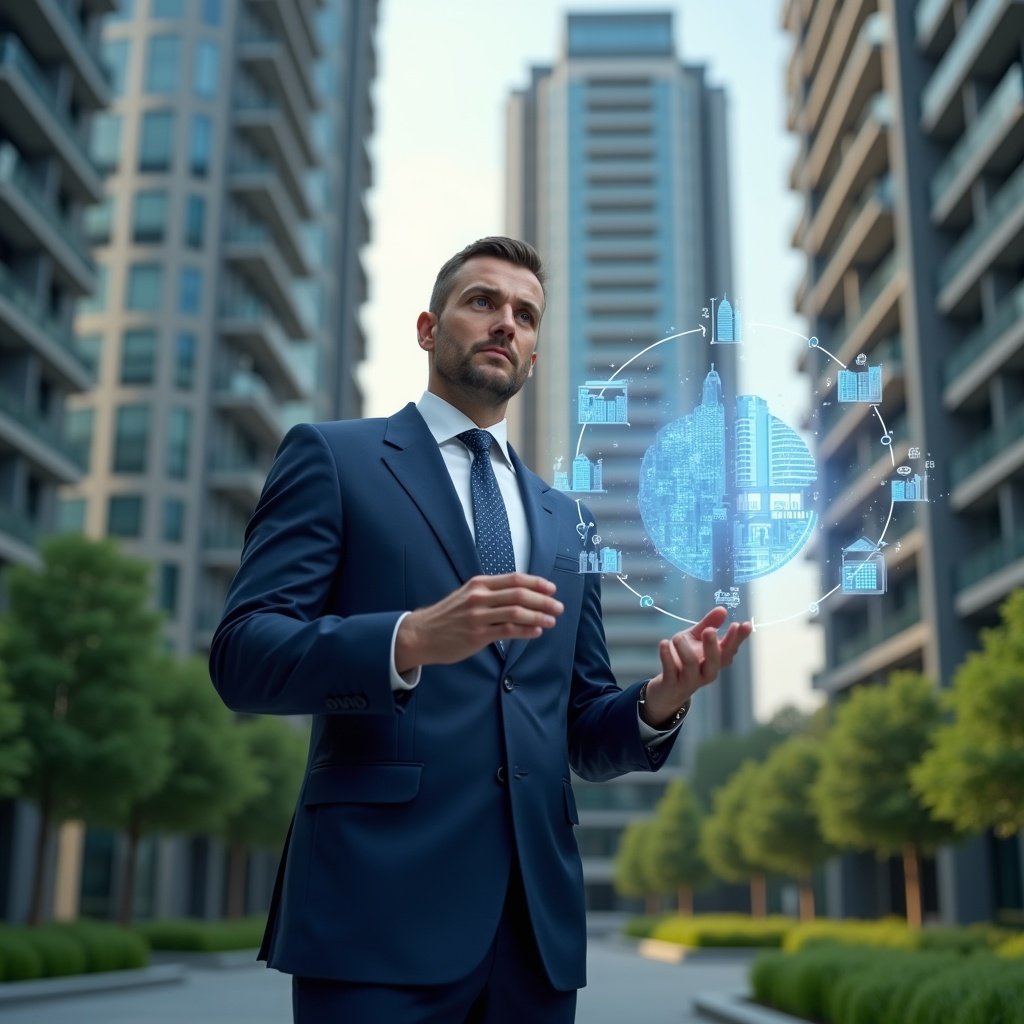 Ultra-realistic condo manager in a navy blue executive suit, set in a modern luxury condominium environment with high-rise buildings and green landscaping, analyzing a holographic fractional pie chart and digital fee breakdown in mid-air with a confident, focused expression, subtle holographic icons of buildings and currency symbols floating around, cinematic lighting, shallow depth of field, highly detailed textures, realistic skin, photographic realism, 8k resolution --ar 1:1 --v 6