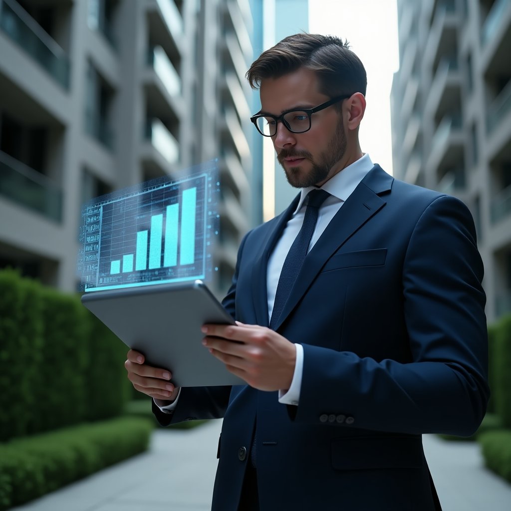 Ultra-realistic condominium manager in a tailored navy suit, set in a modern luxury condominium environment with high-rise buildings and manicured green landscaping, examining a holographic financial report displaying glowing charts and graphs, confident and focused expression, cinematic lighting, shallow depth of field, highly detailed textures, realistic skin, photographic realism, 8k resolution --ar 1:1 --v 6