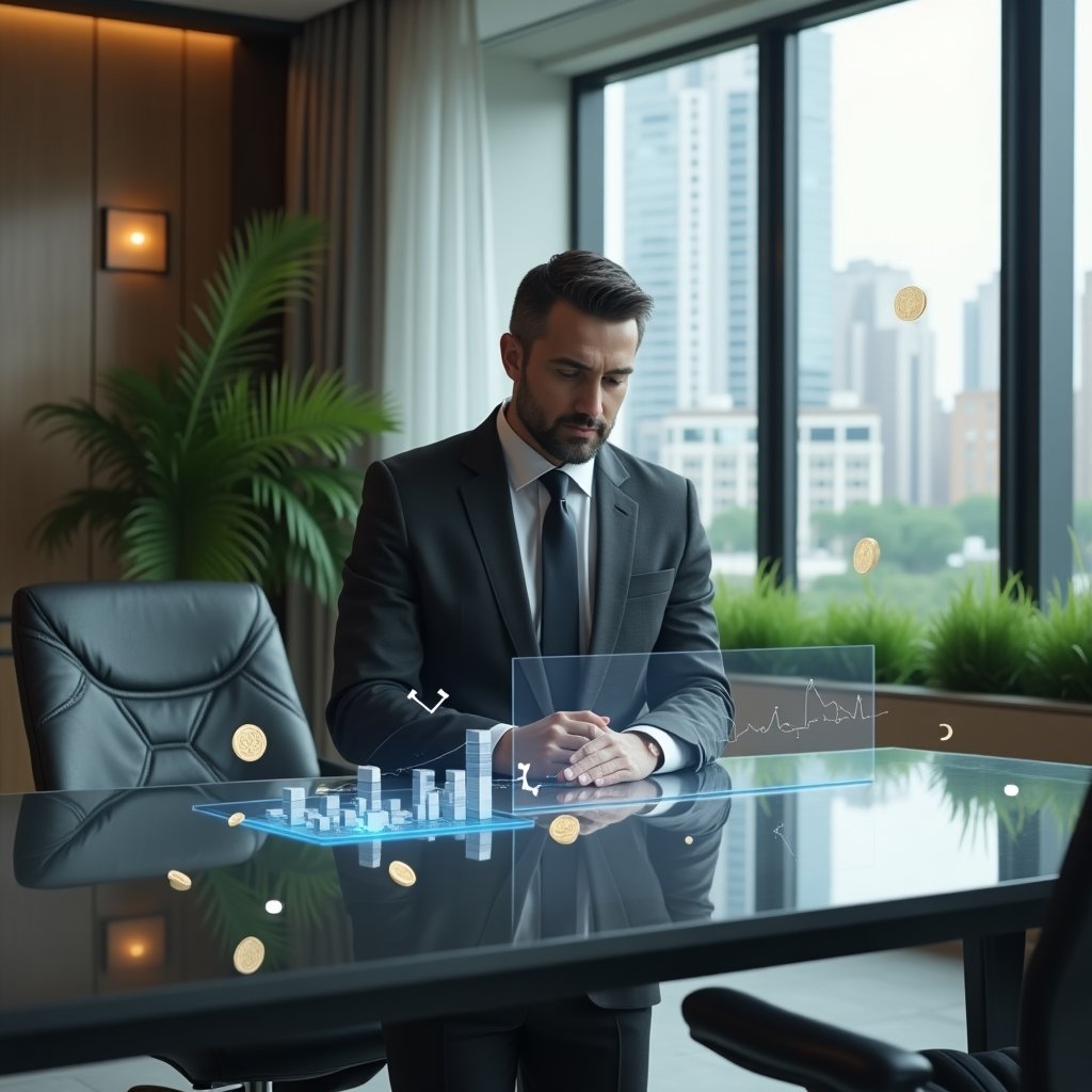 Ultra-realistic condominium manager in a charcoal gray tailored suit, set in a modern luxury condominium environment with high-rise buildings and manicured green landscaping, standing at a sleek conference table reviewing a holographic budget chart, confident and analytical expression, holographic icons of coins and voting ballots floating nearby, cinematic lighting, shallow depth of field, highly detailed textures, realistic skin, photographic realism, 8k resolution --ar 1:1 --v 6