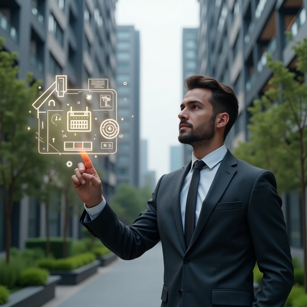 Ultra-realistic property manager in a charcoal gray suit, set in a modern luxury condominium environment with high-rise buildings and lush green landscaping, pointing at a floating holographic maintenance schedule with glowing calendar icons and gear symbols, conveying confidence and focus, cinematic lighting, shallow depth of field, highly detailed textures, realistic skin, photographic realism, 8k resolution --ar 1:1 --v 6