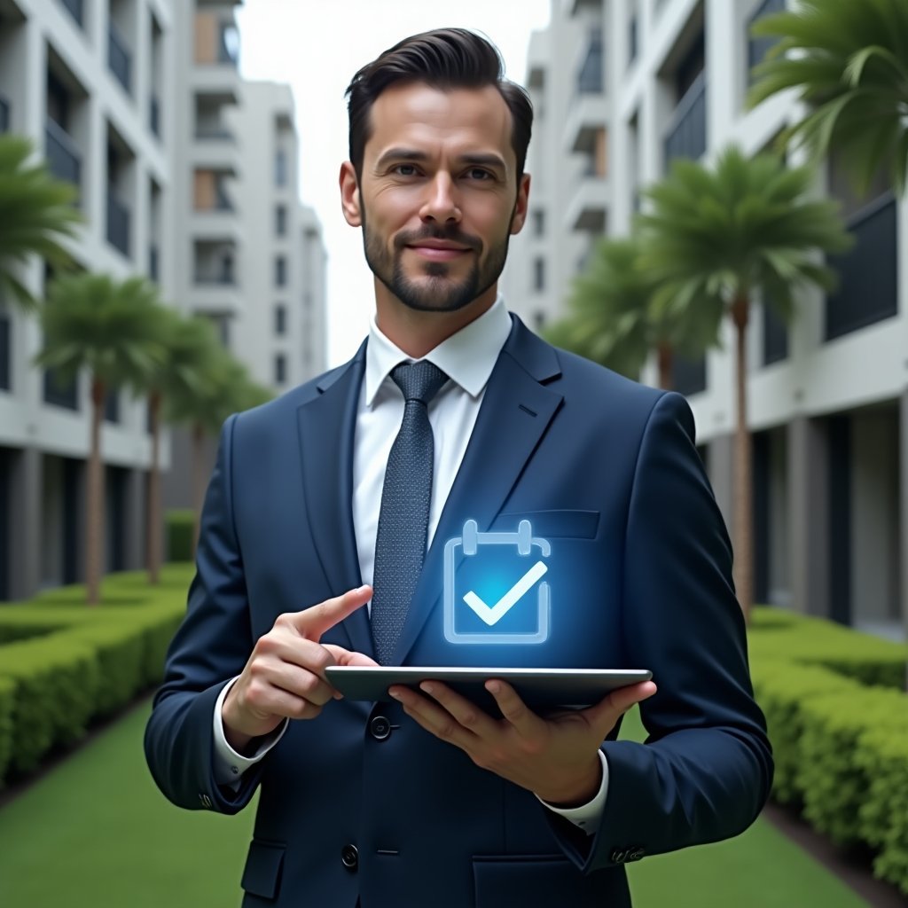 Ultra-realistic condominium manager in a navy business suit, set in a modern luxury condominium environment with high-rise buildings and manicured green landscaping, holding a digital tablet displaying a floating holographic maintenance schedule, pointing confidently at a transparent checklist overlay, cinematic lighting, shallow depth of field, highly detailed textures, realistic skin, photographic realism, 8k resolution --ar 1:1 --v 6