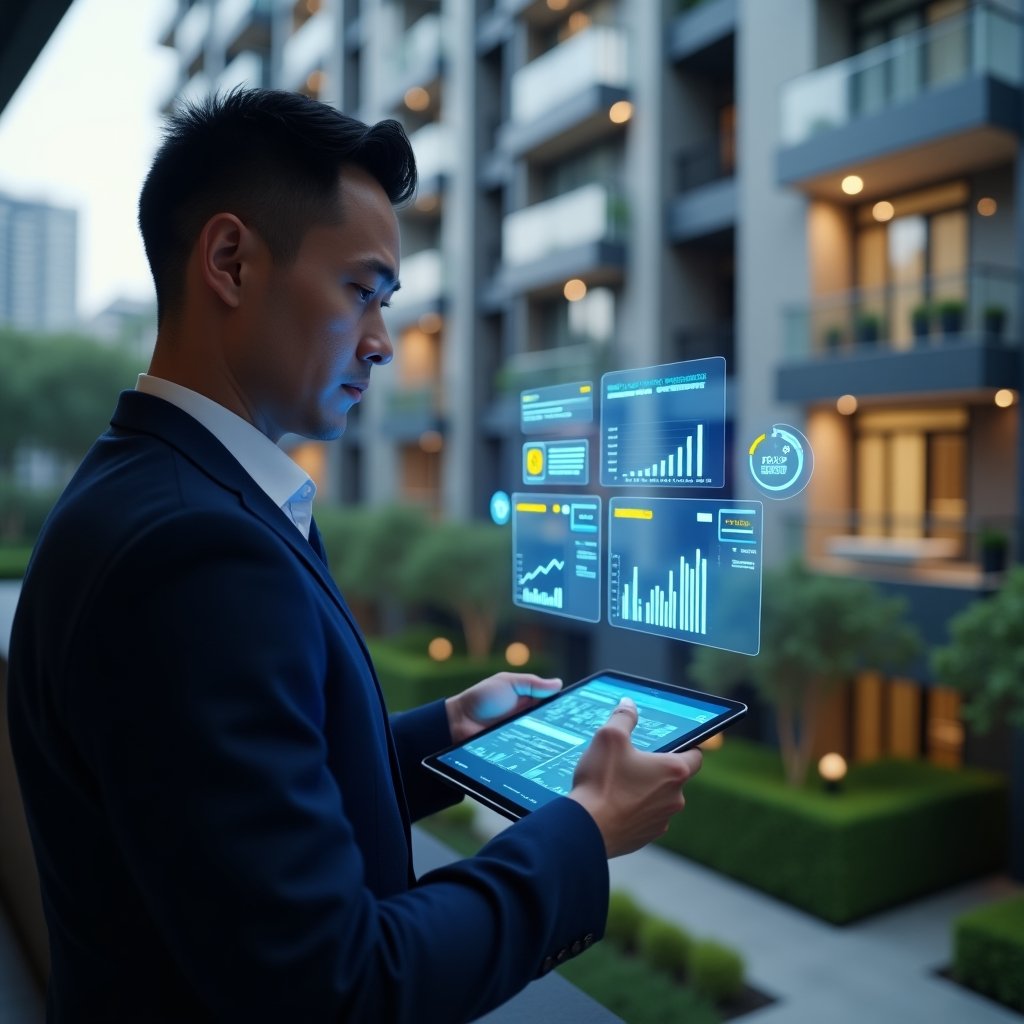 (Ultra-realistic condominium manager in a navy blue suit, set in a modern luxury condominium environment with high-rise buildings and manicured gardens, holding a tablet displaying real-time financial graphs and chat notifications as holograms, confidently reviewing data, glowing app icons and expense charts floating beside them, cinematic lighting, shallow depth of field, highly detailed textures, realistic skin, photographic realism, 8k resolution --ar 1:1 --v 6)