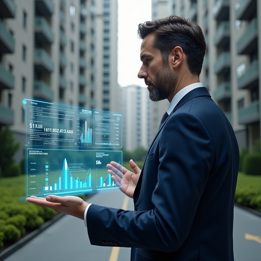 Ultra-realistic condominium manager in a navy executive suit, set in a modern luxury condominium environment with high-rise buildings and manicured green landscaping, examining a floating holographic financial dashboard displaying real-time expense and revenue graphs, confident expression, cinematic lighting, shallow depth of field, highly detailed textures, realistic skin, photographic realism, 8k resolution --ar 1:1 --v 6