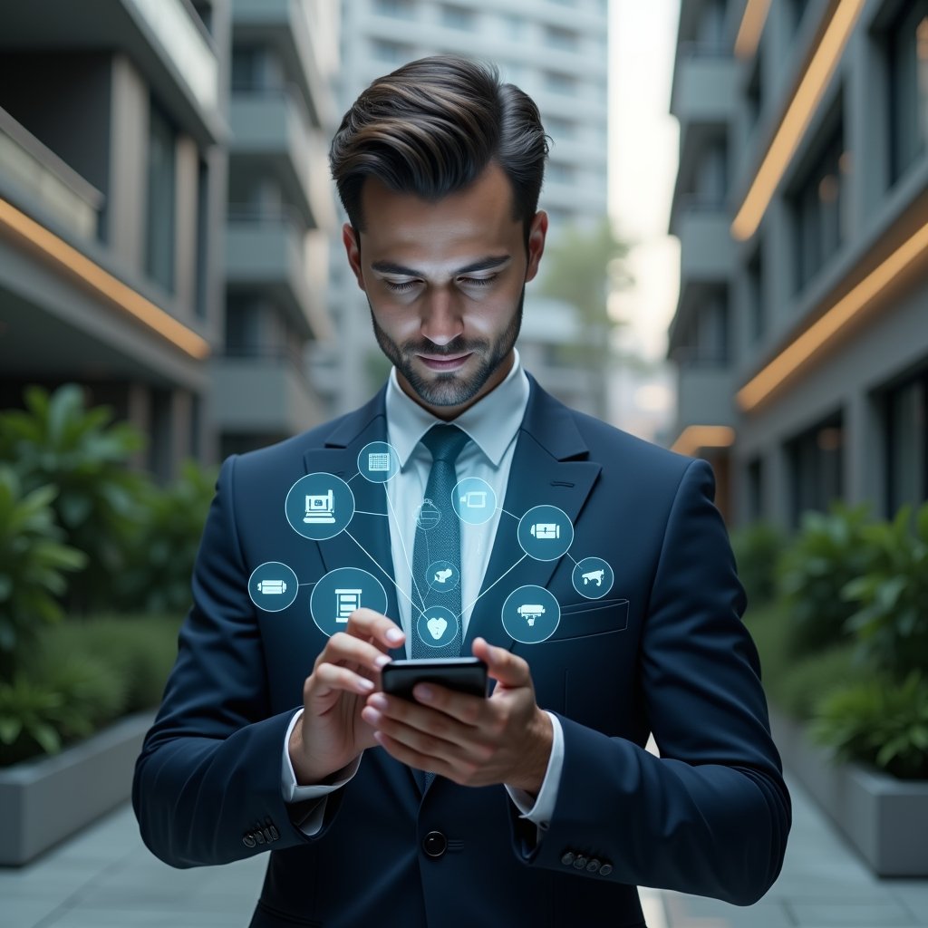 Ultra-realistic condominium manager in a navy tailored suit, set in a modern luxury condominium environment with high-rise buildings and lush green landscaping, holding a smartphone displaying holographic icons for chat, finance charts and security cameras, confidently tapping the screen, futuristic holographic interface floating above the device, cinematic lighting, shallow depth of field, highly detailed textures, realistic skin, photographic realism, 8k resolution --ar 1:1 --v 6