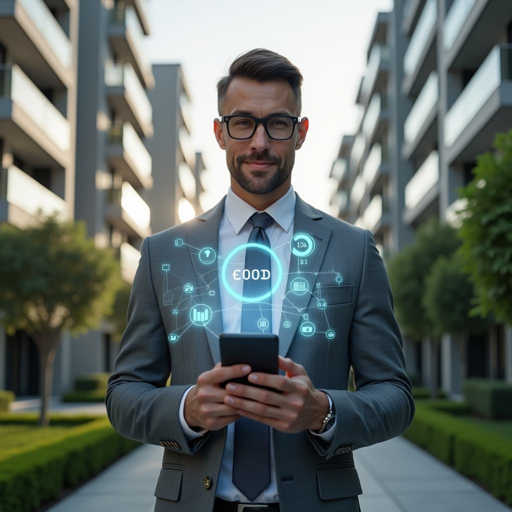 (Ultra-realistic condominium manager in a tailored gray suit, set in a modern luxury condominium environment with high-rise buildings and manicured green landscaping, mid-shot holding a smartphone displaying a floating holographic financial report with transparent charts and icons symbolizing digital accounting, confident and focused expression, cinematic lighting, shallow depth of field, highly detailed textures, realistic skin, photographic realism, 8k resolution --ar 1:1 --v 6)