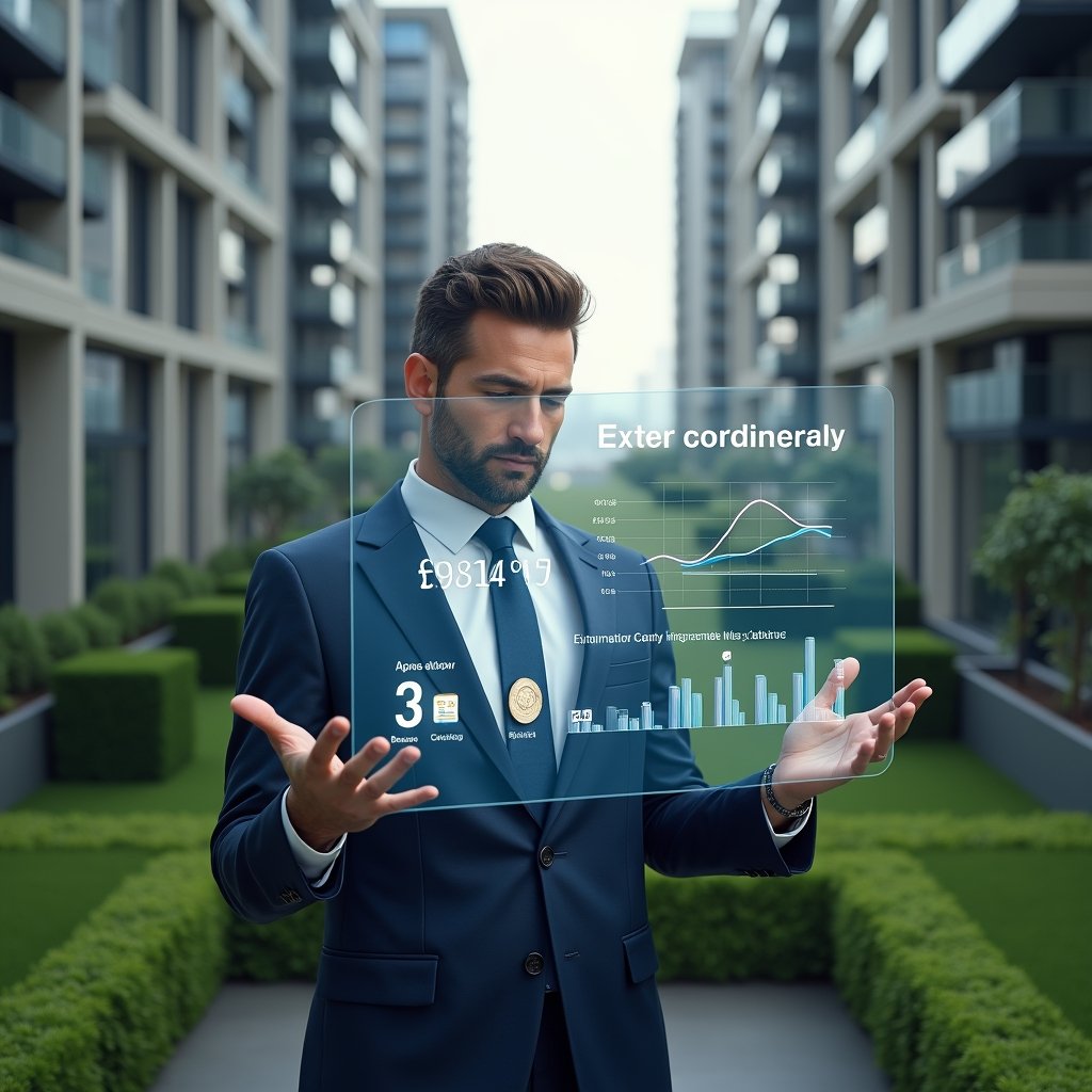 (Ultra-realistic condominium manager in a navy suit, set in a modern luxury condominium environment with high-rise buildings and manicured green landscaping, examining a transparent holographic financial chart of extraordinary expenses and reserve balances, floating icons of coins and line graphs symbolizing cost control, confident and focused expression, cinematic lighting, shallow depth of field, highly detailed textures, realistic skin, photographic realism, 8k resolution --ar 1:1 --v 6)