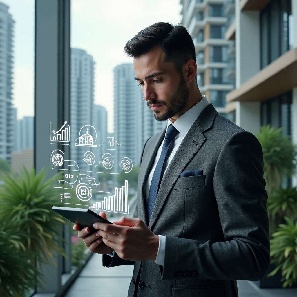 (Ultra-realistic condominium manager in a charcoal gray suit, set in a modern luxury condominium environment with high-rise buildings and green landscaping, analyzing a digital tablet with holographic budget charts floating above it, surrounded by translucent icons of coins and graphs symbolizing expense control, cinematic lighting, shallow depth of field, highly detailed textures, realistic skin, photographic realism, 8k resolution --ar 1:1 --v 6)