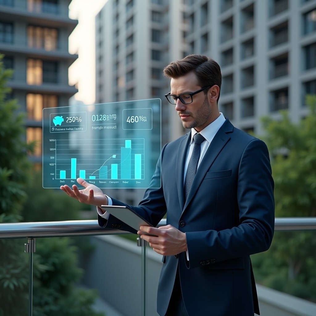 Ultra-realistic condominium manager in a navy tailored suit, set in a modern luxury condominium environment with high-rise buildings and lush green landscaping, analyzing a holographic budget chart with expense and savings graphs, holographic piggy bank icon symbolizing cost reduction, cinematic lighting, shallow depth of field, highly detailed textures, realistic skin, photographic realism, 8k resolution --ar 1:1 --v 6