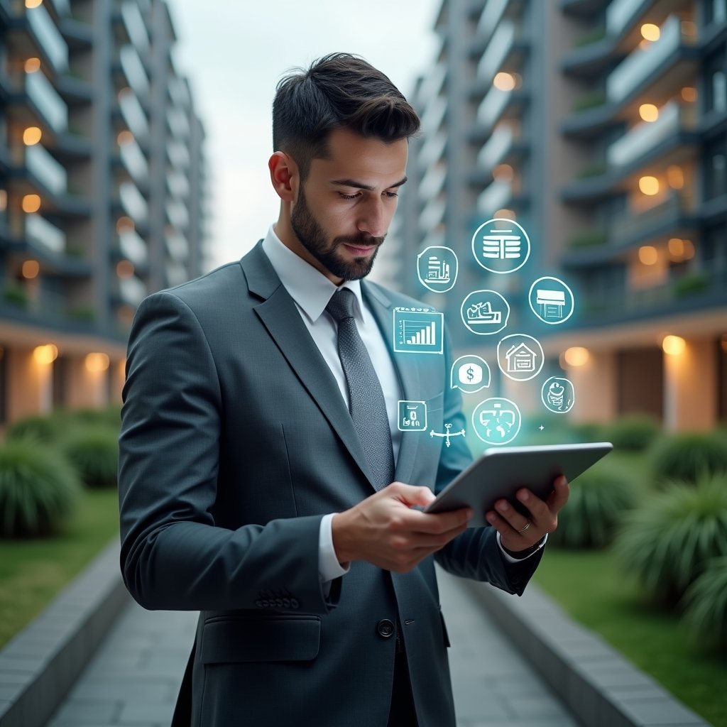 Ultra-realistic condominium manager in a charcoal gray executive suit, set in a modern luxury condominium environment with high-rise buildings and manicured green landscaping, holding a sleek tablet displaying holographic icons of finance charts, reservation calendars and chat bubbles, confidently analyzing the digital interface, cinematic lighting, shallow depth of field, highly detailed textures, realistic skin, photographic realism, 8k resolution --ar 1:1 --v 6