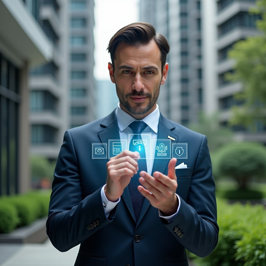 (Ultra-realistic condominium manager in a tailored navy suit, set in a modern luxury condominium environment with high-rise buildings and lush green landscaping, interacting with a floating holographic interface showcasing icons for communication, finance and security, confident expression, cinematic lighting, shallow depth of field, highly detailed textures, realistic skin, photographic realism, 8k resolution --ar 1:1 --v 6)
