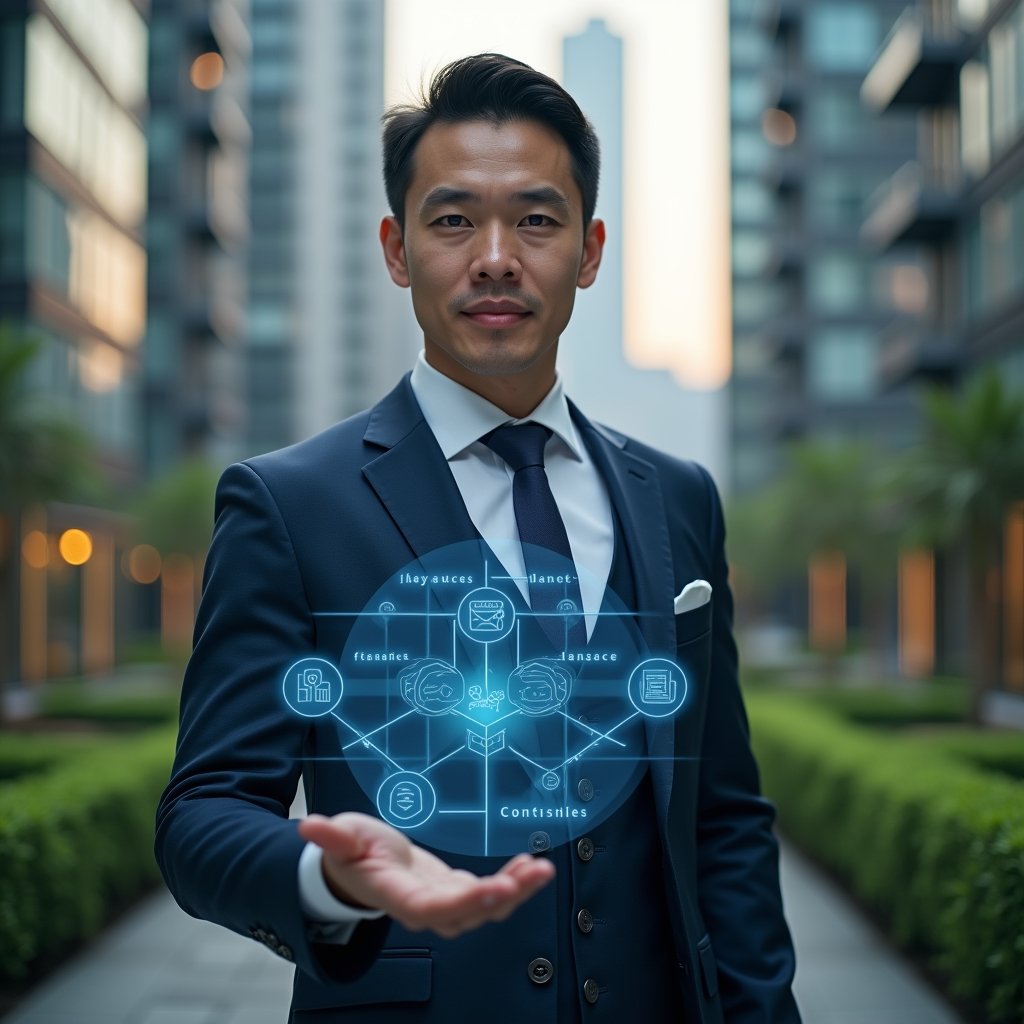 Ultra-realistic condominium manager in a dark blue tailored suit, set in a modern luxury condominium environment with high-rise buildings and manicured green landscaping, holding a floating holographic interface displaying icons for access control, messaging, finance, reservations and maintenance, confident expression, cinematic lighting, shallow depth of field, highly detailed textures, realistic skin, photographic realism, 8k resolution --ar 1:1 --v 6