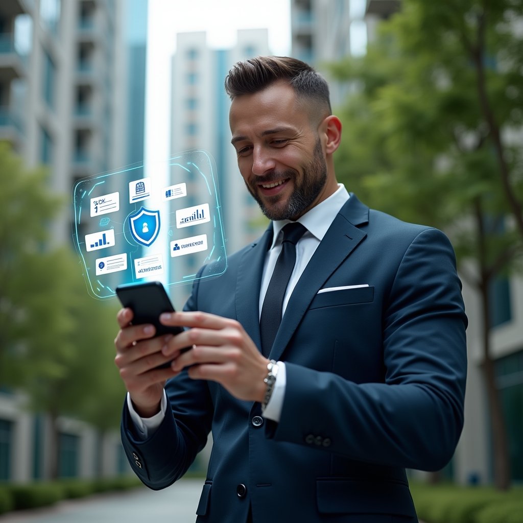 Ultra-realistic condominium manager in a navy blue tailored suit, set in a modern luxury condominium environment with high-rise buildings and lush green landscaping, holding a smartphone displaying a holographic interface of essential management functions (financial charts, calendar, chat icons, security shield), confidently analyzing the features with a slight smile, cinematic lighting, shallow depth of field, highly detailed textures, realistic skin, photographic realism, 8k resolution --ar 1:1 --v 6