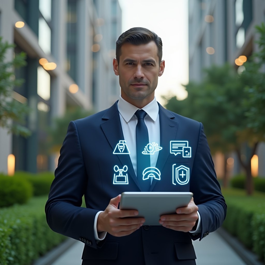 (Ultra-realistic condominium manager in a tailored navy suit, set in a modern luxury condominium environment with high-rise buildings and lush green landscaping in the background, medium shot close-up, confident manager holding a tablet displaying floating holographic icons for finance, communication, booking and security, cinematic lighting, shallow depth of field, highly detailed textures, realistic skin, photographic realism, 8k resolution --ar 1:1 --v 6)