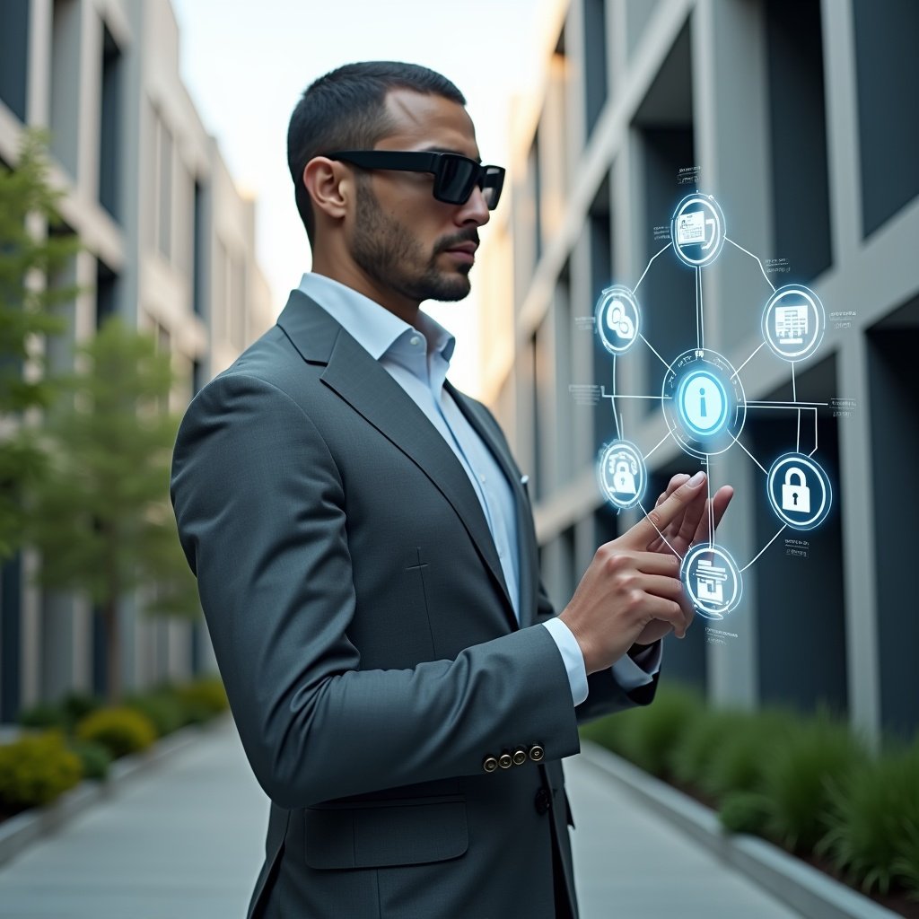 (Ultra-realistic condominium manager in a tailored gray suit, set in a modern luxury condominium environment with high-rise buildings and manicured greenery, confidently tapping a holographic interface displaying calendar, chat, lock, maintenance and finance icons, futuristic hologram elements representing task automation and security, cinematic lighting, shallow depth of field, highly detailed textures, realistic skin, photographic realism, 8k resolution --ar 1:1 --v 6)