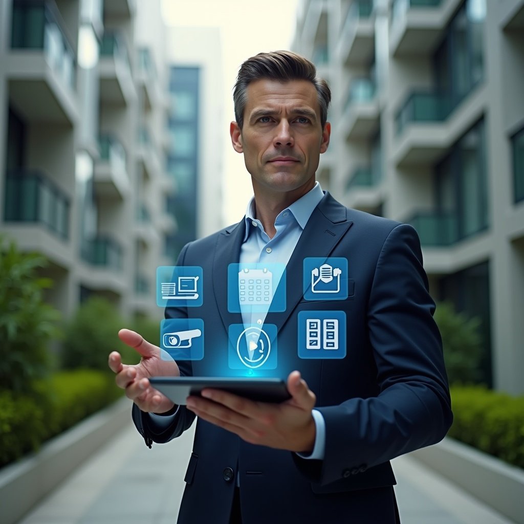 (Ultra-realistic condominium manager in a navy suit, set in a modern luxury condominium environment with high-rise buildings and green landscaping, holding a tablet displaying holographic icons of messaging, calendar reservations, financial reports and security cameras, confident and focused expression, cinematic lighting, shallow depth of field, highly detailed textures, realistic skin, photographic realism, 8k resolution --ar 1:1 --v 6)