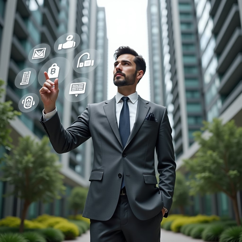 (Ultra-realistic condominium manager in a charcoal gray suit, set in a modern luxury condominium environment with high-rise buildings and lush green landscaping, standing in a medium shot while interacting with floating holographic icons for communication, finance, reservations, and security, confident expression, cinematic lighting, shallow depth of field, highly detailed textures, realistic skin, photographic realism, 8k resolution --ar 1:1 --v 6)