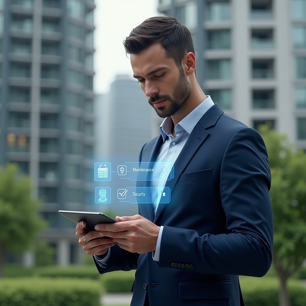 Ultra-realistic condominium manager in a navy blue tailored suit, set in a modern luxury condominium environment with high-rise buildings and manicured green landscaping, holding a tablet and interacting with a holographic interface displaying icons for maintenance, calendar, security and chat, confident expression, cinematic lighting, shallow depth of field, highly detailed textures, realistic skin, photographic realism, 8k resolution --ar 1:1 --v 6