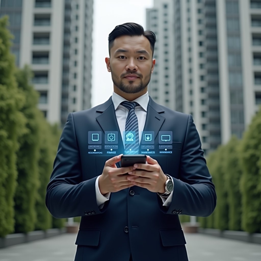 (Ultra-realistic condominium manager in a tailored navy blue suit, set in a modern luxury condominium environment with high-rise buildings and lush green landscaping, holding a smartphone displaying holographic icons representing reservations, finance, communication and maintenance, confident and focused expression, cinematic lighting, shallow depth of field, highly detailed textures, realistic skin, photographic realism, 8k resolution --ar 1:1 --v 6)