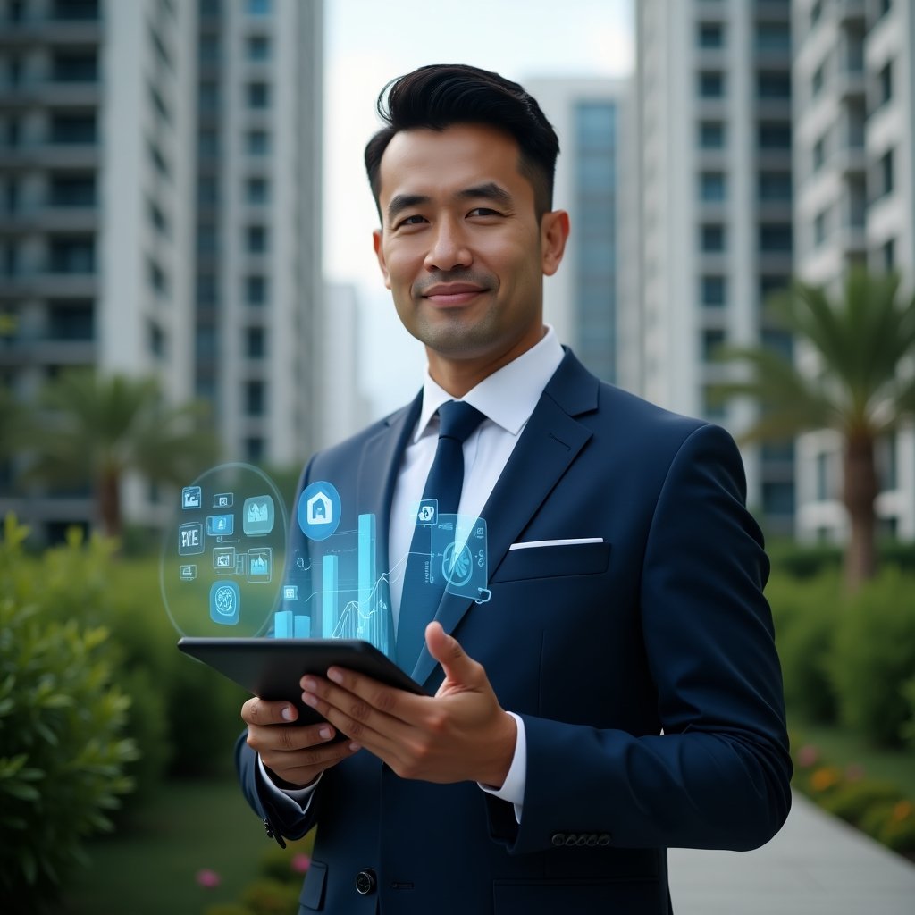 (Ultra-realistic condominium manager in a navy blue suit, set in a modern luxury condominium environment with high-rise buildings and green landscaping, holding a tablet displaying a holographic app interface, holographic icons of charts and notifications floating beside them, confident and focused expression, cinematic lighting, shallow depth of field, highly detailed textures, realistic skin, photographic realism, 8k resolution --ar 1:1 --v 6)