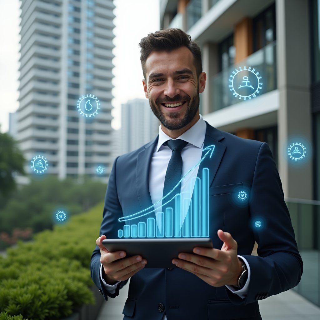 (Ultra-realistic condominium manager in a navy suit, set in a modern luxury condominium environment with high-rise buildings and lush green landscaping, holding a tablet displaying a holographic descending cost graph while smiling confidently, surrounded by floating money-saving icons and gear holograms symbolizing efficiency, cinematic lighting, shallow depth of field, highly detailed textures, realistic skin, photographic realism, 8k resolution --ar 1:1 --v 6)
