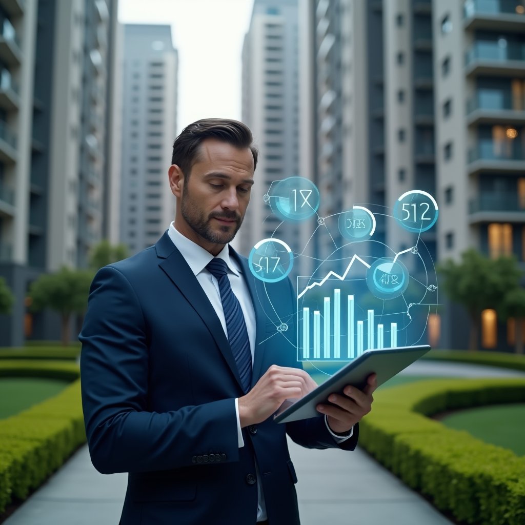 Ultra-realistic condominium manager in a dark blue suit, set in a modern luxury condominium environment with high-rise buildings and manicured green landscaping, medium shot, holding a tablet projecting holographic financial charts and numbered steps, confident and focused expression, floating icons of pie charts and line graphs around the figure, cinematic lighting, shallow depth of field, highly detailed textures, realistic skin, photographic realism, 8k resolution ––ar 1:1 ––v 6