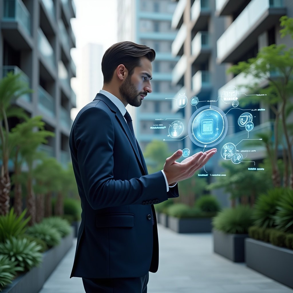 (Ultra-realistic condominium manager in a navy executive suit, set in a modern luxury condominium environment with high-rise buildings and lush green landscaping, confidently examining a floating holographic interface displaying icons for finance, chat bubbles, calendar and security, thematic UI elements surrounding them, cinematic lighting, shallow depth of field, highly detailed textures, realistic skin, photographic realism, 8k resolution --ar 1:1 --v 6)
