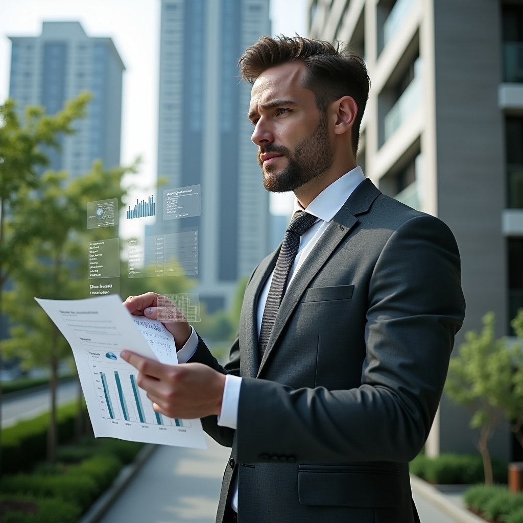 Ultra-realistic condominium manager in a charcoal gray tailored suit, set in a modern luxury condominium environment with high-rise buildings and meticulously landscaped greenery, holding and analyzing floating holographic financial reports and charts displaying bar graphs and pie charts, confident and focused expression, cinematic lighting, shallow depth of field, highly detailed textures, realistic skin, photographic realism, 8k resolution --ar 1:1 --v 6
