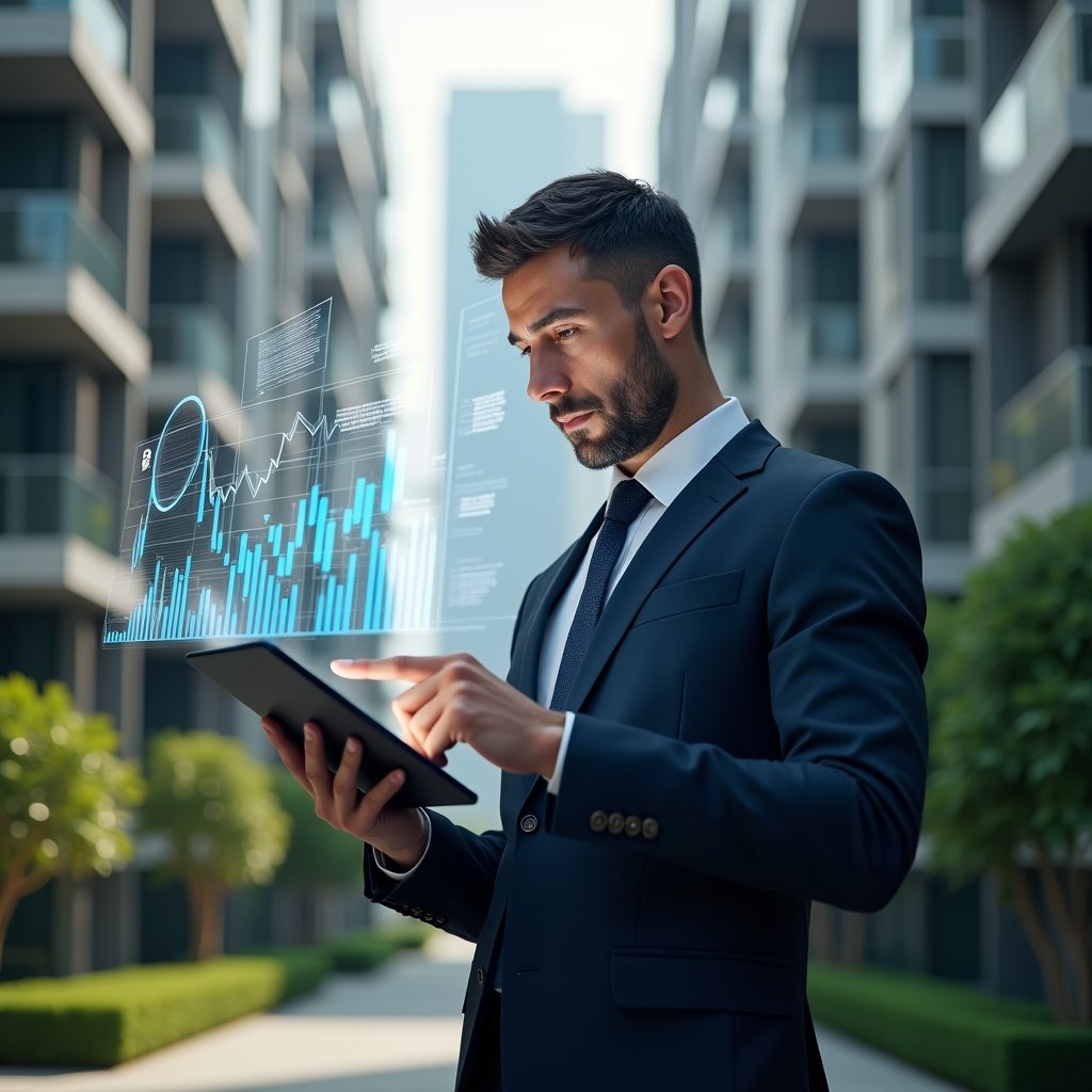 Ultra-realistic condominium manager in a navy suit, set in a modern luxury condominium environment with high-rise buildings and manicured green landscaping, analyzing holographic financial charts projected from a tablet with a floating magnifying glass icon, focused and analytical expression, cinematic lighting, shallow depth of field, highly detailed textures, realistic skin, photographic realism, 8k resolution --ar 1:1 --v 6