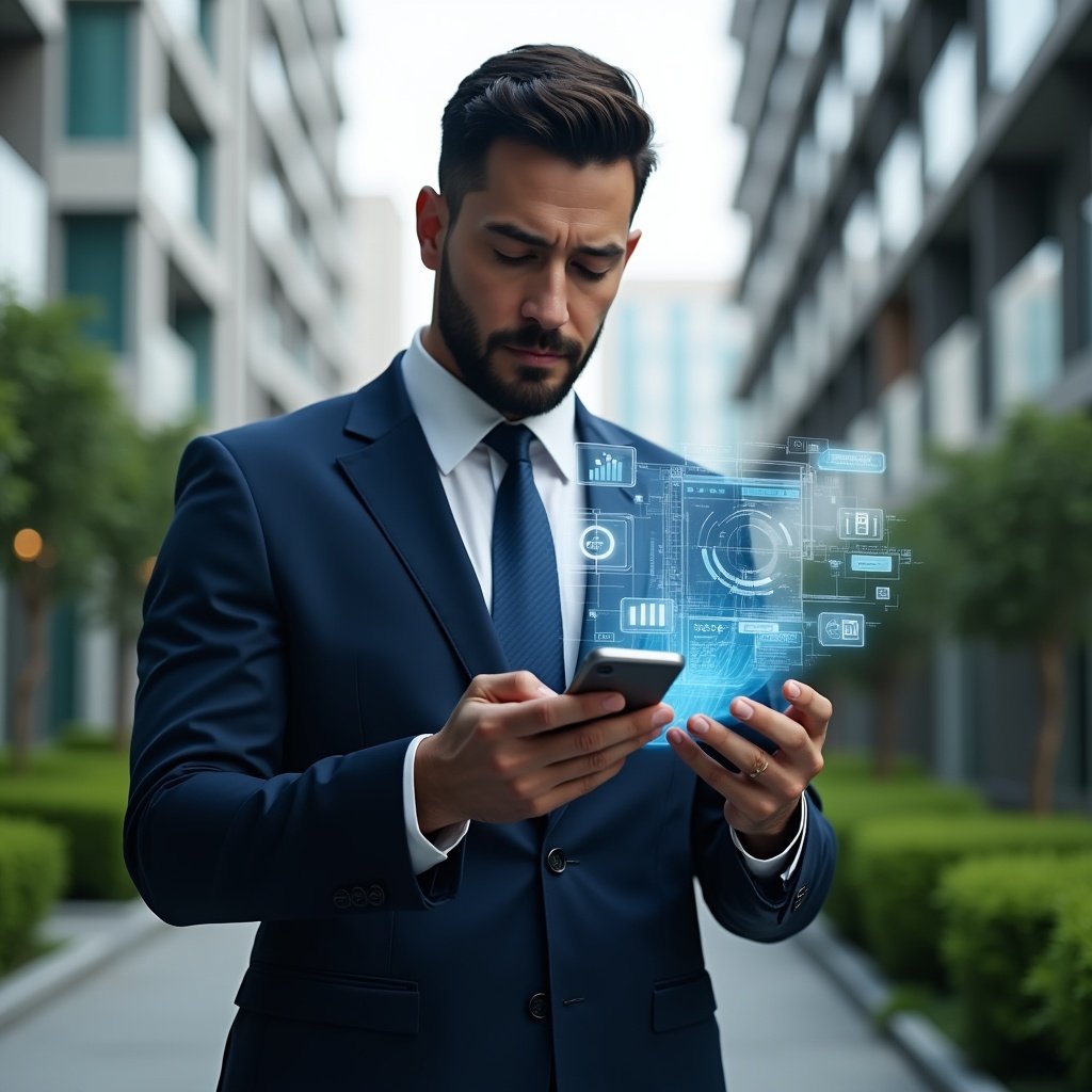 Ultra-realistic professional condominium manager in a tailored navy suit, set in a modern luxury condominium environment with high-rise buildings and manicured green landscaping, reviewing a floating holographic smartphone interface displaying charts, notifications, and calendar icons to symbolize an **aplicativo para condomínio**, confident and focused expression, cinematic lighting, shallow depth of field, highly detailed textures, realistic skin, photographic realism, 8k resolution --ar 1:1 --v 6