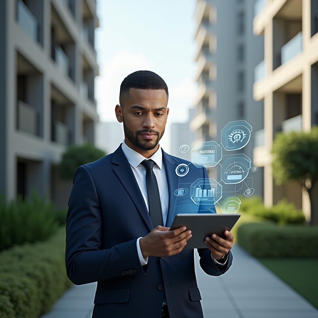 Ultra-realistic property manager in a navy suit, set in a modern luxury condominium environment with high-rise buildings and meticulously landscaped greenery, holding a tablet displaying holographic workflow icons for error reduction, speed gauge and data dashboard, confident and focused expression, cinematic lighting, shallow depth of field, highly detailed textures, realistic skin, photographic realism, 8k resolution --ar 1:1 --v 6