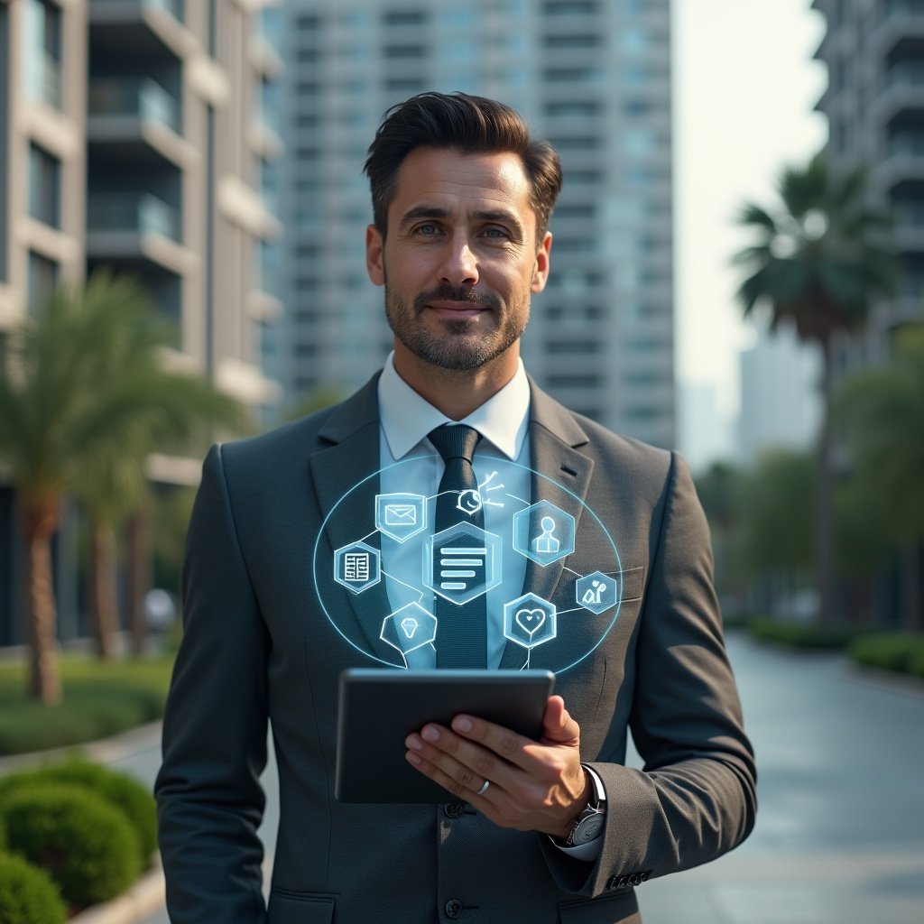 Ultra-realistic condominium manager in a charcoal gray executive suit, set in a modern luxury condominium environment with high-rise buildings and meticulously manicured greenery, holding a digital tablet displaying holographic icons for messaging, financial charts and maintenance checklists, confident expression, cinematic lighting, shallow depth of field, highly detailed textures, realistic skin, photographic realism, 8k resolution --ar 1:1 --v 6