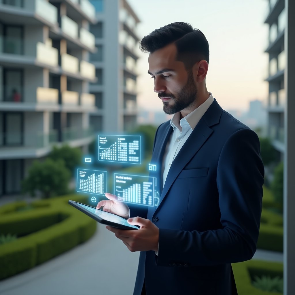 (Ultra-realistic condominium manager in a tailored navy suit, set in a modern luxury condominium environment with high-rise buildings and manicured green landscaping, holding a digital tablet displaying holographic financial charts, confidently reviewing expense and revenue graphs, glowing holographic report icons floating beside them, cinematic lighting, shallow depth of field, highly detailed textures, realistic skin, photographic realism, 8k resolution --ar 1:1 --v 6)