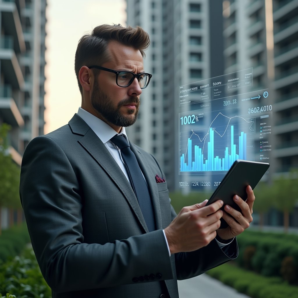 Ultra-realistic condominium manager in a charcoal gray suit, set in a modern luxury condominium environment with high-rise buildings and meticulously landscaped greenery, analyzing a holographic financial dashboard showing rising expense bars, holding a digital tablet with floating expense charts, concerned and focused expression, cinematic lighting, shallow depth of field, highly detailed textures, realistic skin, photographic realism, 8k resolution --ar 1:1 --v 6