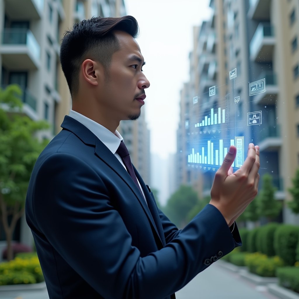 Ultra-realistic condominium manager in a tailored navy-blue suit, set in a modern luxury condominium environment with high-rise buildings and manicured greenery, examining a holographic digital interface displaying budgeting charts and maintenance schedules, floating **app icons** and **digital dashboards** symbolizing efficient communication and cost reduction, confident expression, cinematic lighting, shallow depth of field, highly detailed textures, realistic skin, photographic realism, 8k resolution --ar 1:1 --v 6