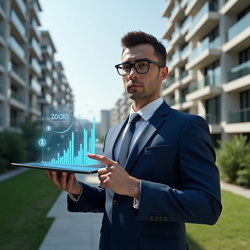 Ultra-realistic property manager in a navy blue suit, set in a modern luxury condominium environment with high-rise buildings and lush green landscaping, mid-shot holding a tablet displaying a holographic budget chart, pointing at a rising bar graph with floating coin icons and digital ledgers, confident and focused expression, cinematic lighting, shallow depth of field, highly detailed textures, realistic skin, photographic realism, 8k resolution --ar 1:1 --v 6