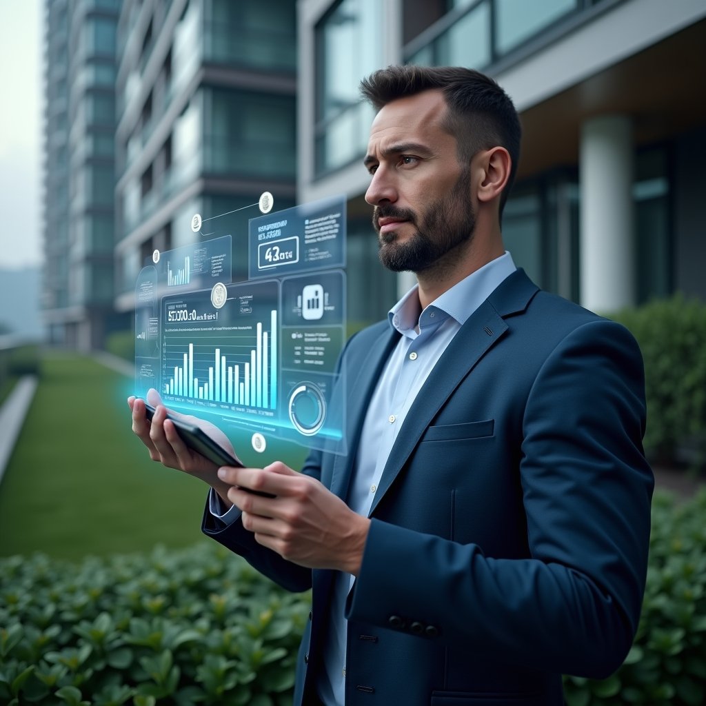 (Ultra-realistic condominium manager in a dark blue executive suit, set in a modern luxury condominium environment with high-rise buildings and lush green landscaping, medium shot of the manager confidently analyzing a holographic financial dashboard displaying budget charts and expense icons, symbolic floating graphs and coin icons around them, cinematic lighting, shallow depth of field, highly detailed textures, realistic skin, photographic realism, 8k resolution --ar 1:1 --v 6)