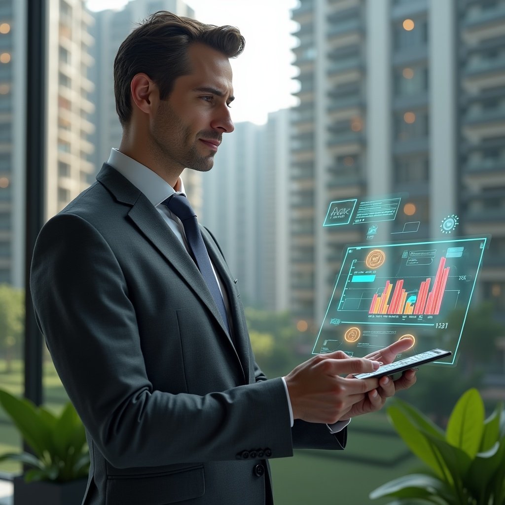 (Ultra-realistic condominium manager in a charcoal gray suit, set in a modern luxury condominium environment with high-rise buildings and manicured green gardens, examining a floating holographic expense dashboard with colorful bar charts and coin icons, confident and focused expression, cinematic lighting, shallow depth of field, highly detailed textures, realistic skin, photographic realism, 8k resolution --ar 1:1 --v 6)