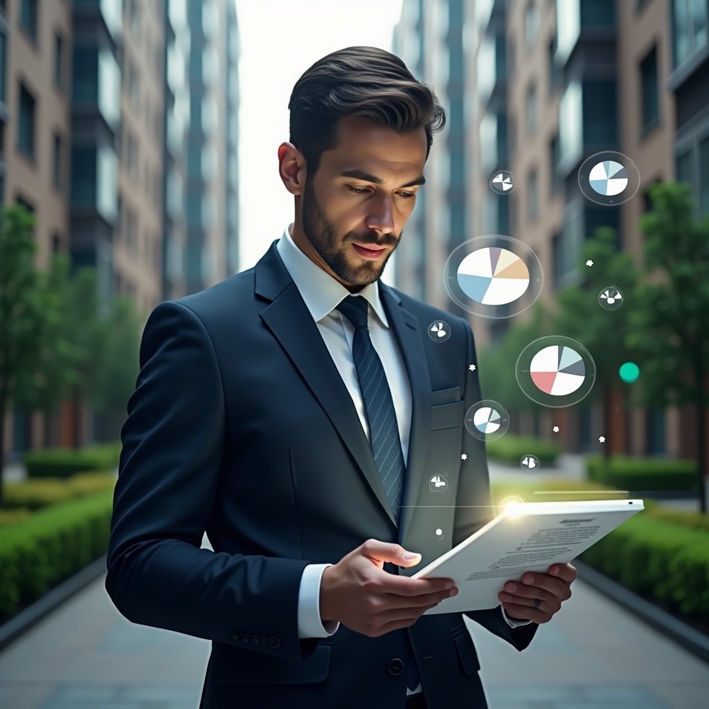 (Ultra-realistic condominium manager in a dark navy suit, set in a modern luxury condominium environment with high-rise buildings and manicured green landscaping, mid-shot of a focused professional reviewing financial documents on a transparent holographic tablet, floating pie charts and ledgers projected around them as symbolic elements of accounting, confident and analytical expression, cinematic lighting, shallow depth of field, highly detailed textures, realistic skin, photographic realism, 8k resolution --ar 1:1 --v 6)