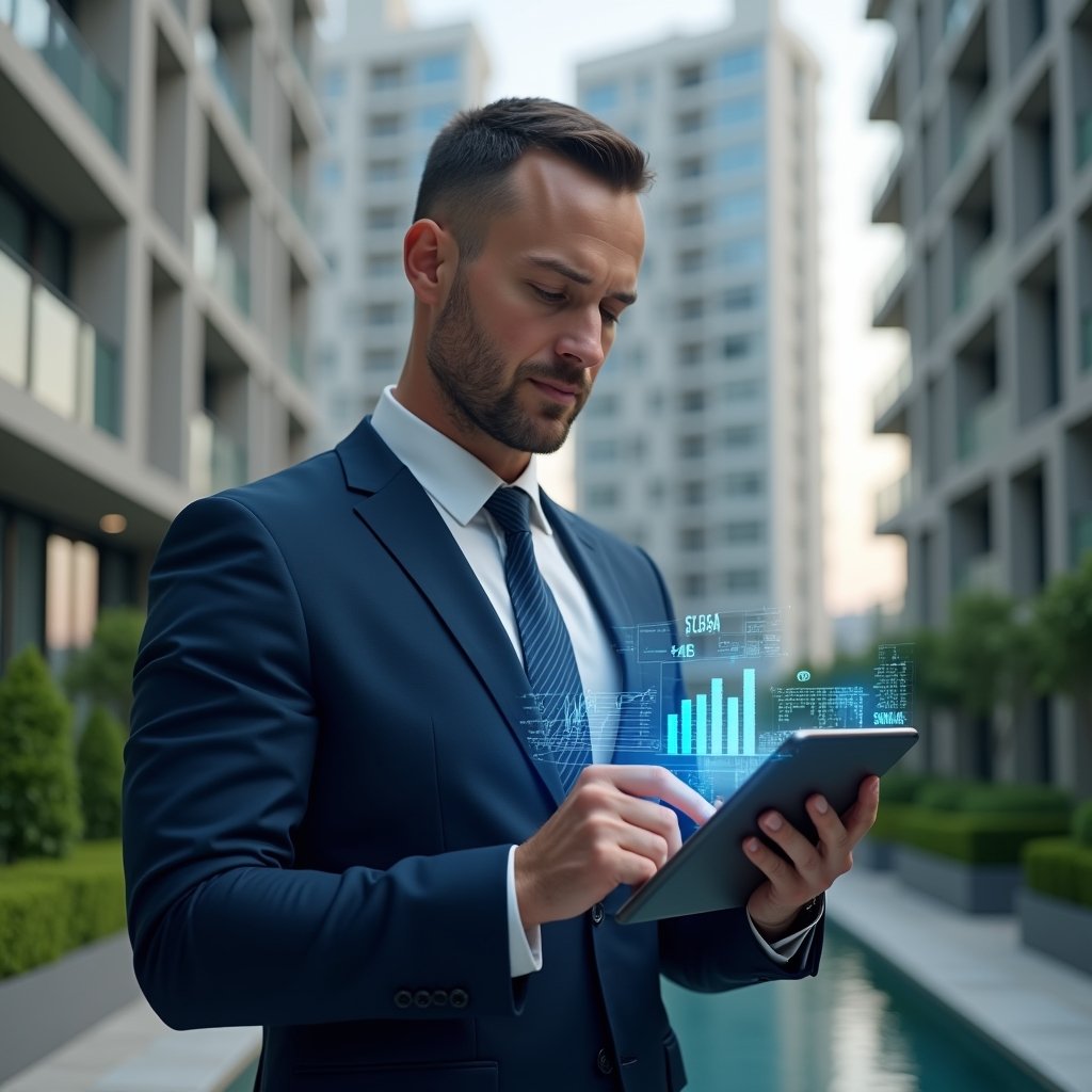 Ultra-realistic condominium manager in a navy blue suit, set in a modern luxury condominium environment with high-rise buildings and green landscaping, mid shot, holding a digital tablet displaying a holographic financial report, reviewing glowing balance sheet charts and transparency icons, expression focused and confident, cinematic lighting, shallow depth of field, highly detailed textures, realistic skin, photographic realism, 8k resolution --ar 1:1 --v 6