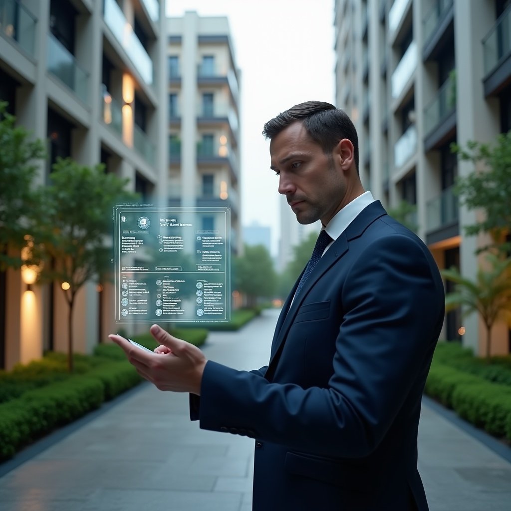 Ultra-realistic condominium manager in a tailored navy suit, set in a modern luxury condominium environment with high-rise buildings and manicured green gardens, examining a floating holographic financial dashboard with warning icons and checklists, thoughtful and confident expression, cinematic lighting, shallow depth of field, highly detailed textures, realistic skin, photographic realism, 8k resolution --ar 1:1 --v 6
